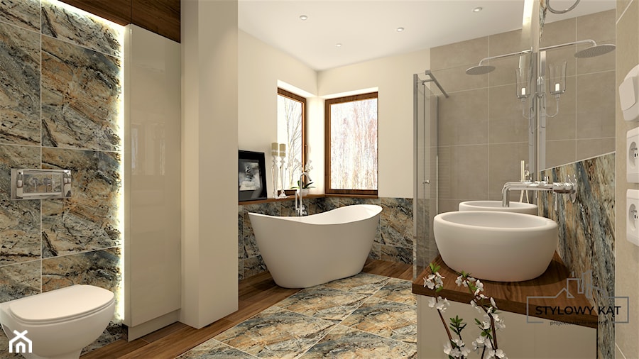 Średnia bez okna z lustrem z dwoma umywalkami z punktowym oświetleniem łazienka - zdjęcie od Stylowy Kąt