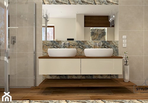 Średnia z lustrem z dwoma umywalkami z marmurową podłogą z punktowym oświetleniem łazienka z oknem, styl nowoczesny - zdjęcie od Stylowy Kąt