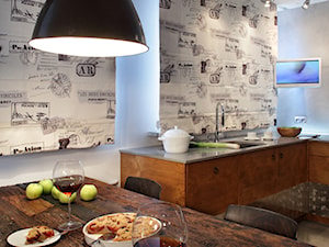 kuchnia drewno/beton - Średnia otwarta z salonem biała z podblatowym zlewozmywakiem kuchnia w kształcie litery l z oknem, styl industrialny - zdjęcie od Art of Home