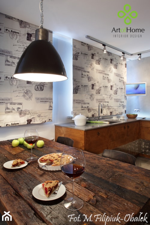 kuchnia drewno/beton - Średnia otwarta z salonem biała z podblatowym zlewozmywakiem kuchnia w kształcie litery l z oknem, styl industrialny - zdjęcie od Art of Home - Homebook