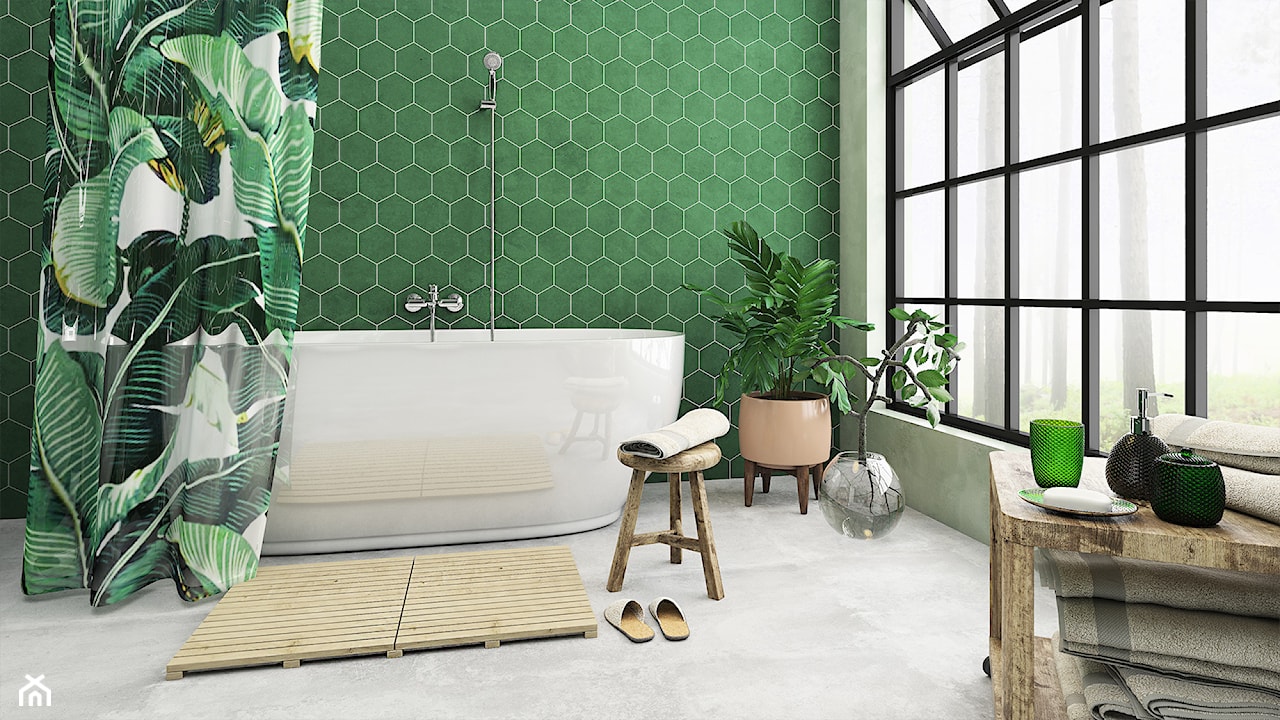 łazienka w stylu naturalnym, tropikalna łazienka, zielona mozaika w łazience