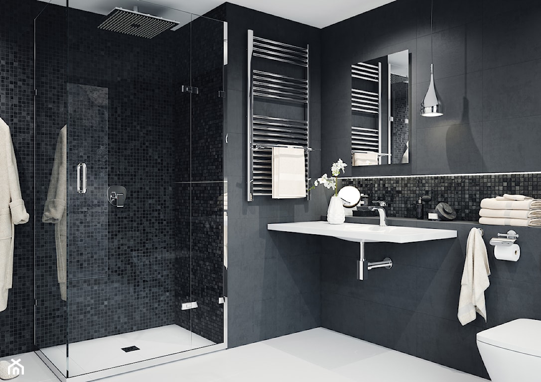 nowoczesna łazienka z kabiną walk in z grafitowymi ścianami i białą podłogą