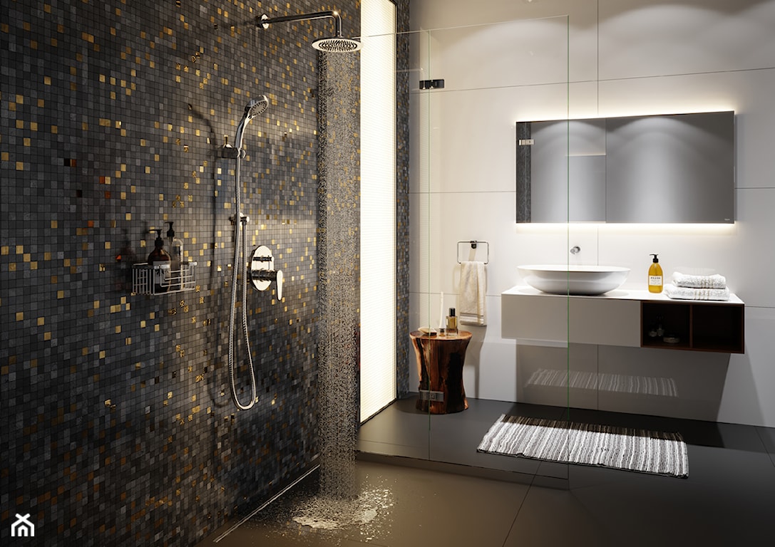 minimalistyczna łazienka, grafitowo-złota mozaika, umywalka nablatowa