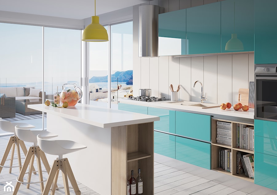 Kuchnia - Duża otwarta z zabudowaną lodówką z nablatowym zlewozmywakiem kuchnia jednorzędowa z oknem - zdjęcie od FERRO