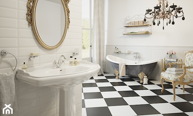 czarno-biała podłoga w łazience i łazienka w stylu nowojorskim