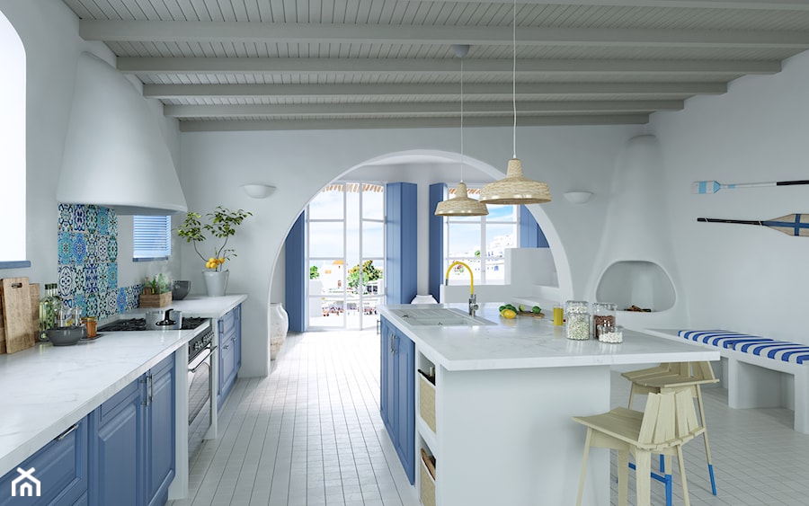 Kuchnia - Duża otwarta biała z zabudowaną lodówką kuchnia jednorzędowa z wyspą lub półwyspem z oknem, styl nowoczesny - zdjęcie od FERRO