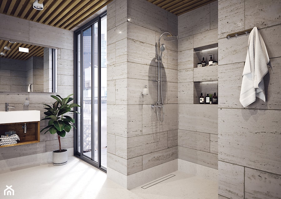 Łazienka - Średnia z lustrem z marmurową podłogą z punktowym oświetleniem łazienka z oknem, styl nowoczesny - zdjęcie od FERRO