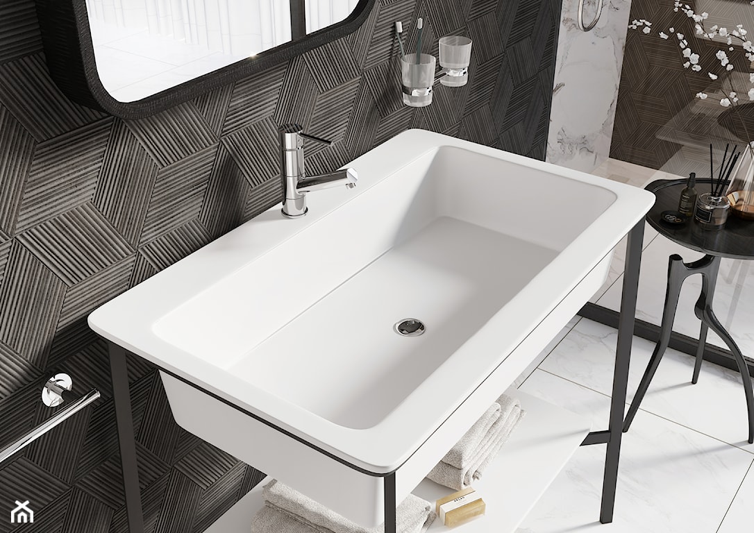 minimalistyczne meble do łazienki, nowoczesna bateria łazienkowa, łazienka w stylu industrialnym