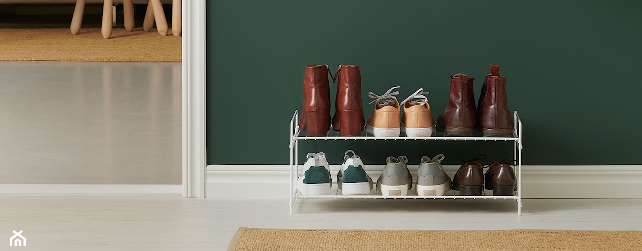 półka na buty, minimalistyczna półka na buty, zielony przedpokój