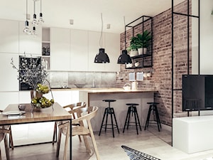 Mieszkanie w stylu loftowym w Krakowie - Średnia otwarta biała kuchnia w kształcie litery u w aneksi ... - zdjęcie od MEEKO Architekci