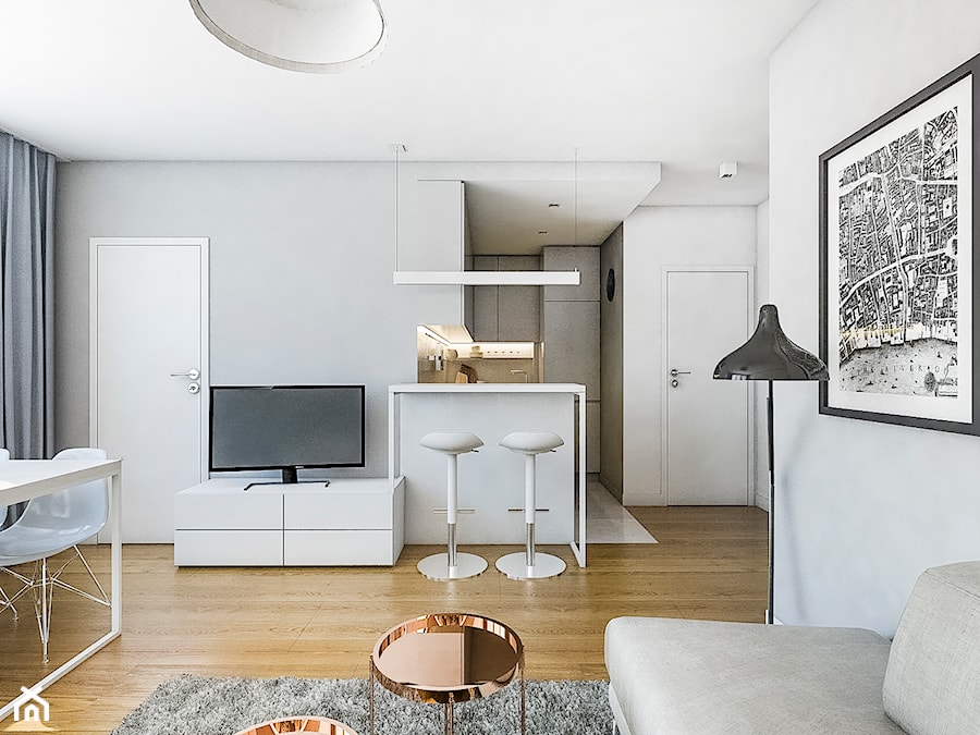 Mieszkanie 40 m w Krakowie - Mały szary salon z kuchnią, styl nowoczesny - zdjęcie od MEEKO Architekci