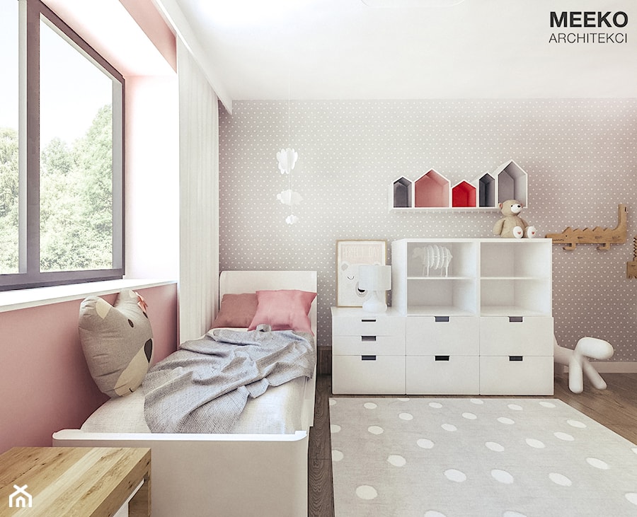 Dom w stylu nowoczesnym pod Mielcem - Średni różowy szary pokój dziecka dla dziecka dla dziewczynki, styl nowoczesny - zdjęcie od MEEKO Architekci