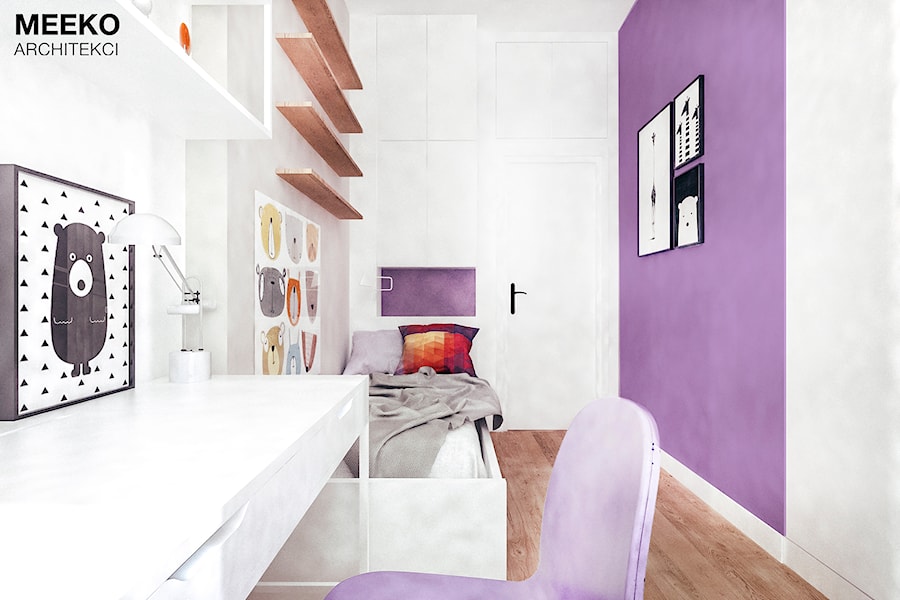 Mieszkanie loft w Mielcu - Mały biały fioletowy szary pokój dziecka dla dziecka dla nastolatka dla dziewczynki, styl nowoczesny - zdjęcie od MEEKO Architekci