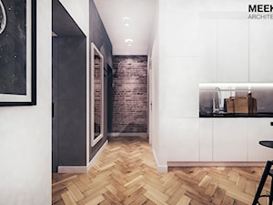 Mieszkanie loft w Mielcu - Średnia otwarta z kamiennym blatem biała czarna z zabudowaną lodówką kuchnia jednorzędowa, styl industrialny - zdjęcie od MEEKO Architekci