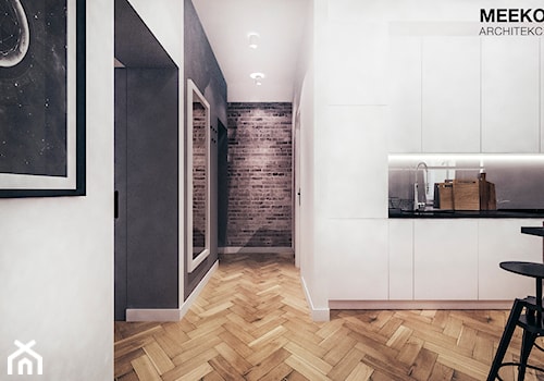 Mieszkanie loft w Mielcu - Średnia otwarta z kamiennym blatem biała czarna z zabudowaną lodówką kuchnia jednorzędowa, styl industrialny - zdjęcie od MEEKO Architekci