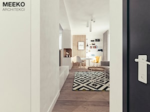 Mieszkanie w stylu skandynawskim w Warszawie - Mały szary salon z jadalnią, styl skandynawski - zdjęcie od MEEKO Architekci