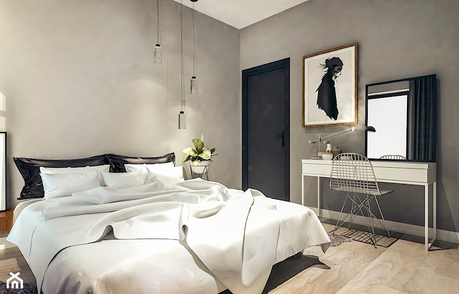 Mieszkanie w stylu loftowym w Krakowie - Duża szara sypialnia, styl skandynawski - zdjęcie od MEEKO Architekci