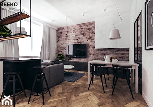 Mieszkanie loft w Mielcu - Średnia biała jadalnia w salonie w kuchni, styl industrialny - zdjęcie od MEEKO Architekci