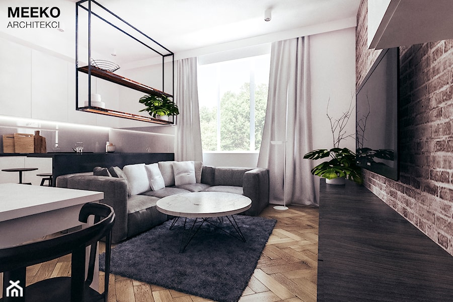 Mieszkanie loft w Mielcu - Mały szary salon z kuchnią z jadalnią, styl industrialny - zdjęcie od MEEKO Architekci