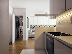 Mieszkanie 40 m w Krakowie - Mała otwarta z salonem szara z zabudowaną lodówką kuchnia jednorzędowa, styl nowoczesny - zdjęcie od MEEKO Architekci