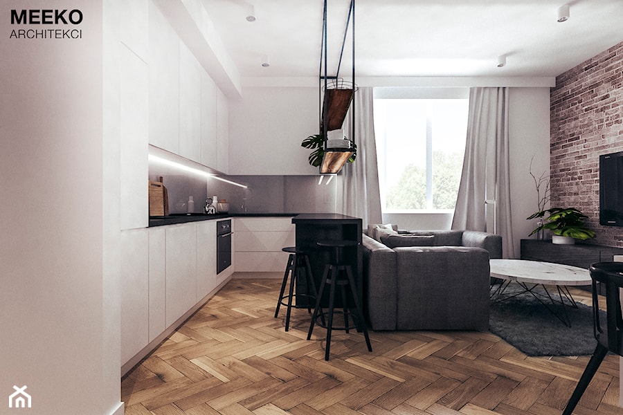 Mieszkanie loft w Mielcu - Średnia otwarta z salonem z kamiennym blatem szara z zabudowaną lodówką kuchnia w kształcie litery u z oknem, styl industrialny - zdjęcie od MEEKO Architekci