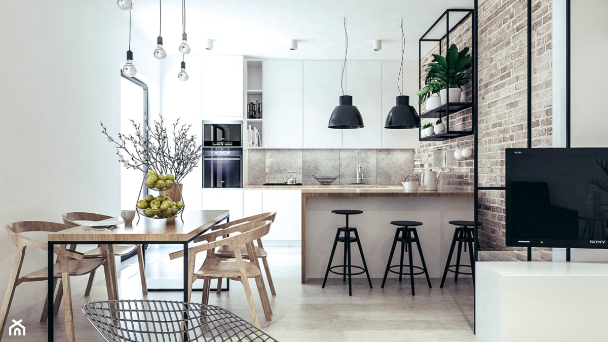 Mieszkanie w stylu loftowym w Krakowie - Średnia biała jadalnia w salonie w kuchni, styl industrialny - zdjęcie od MEEKO Architekci - Homebook