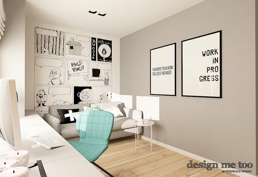 SKANDYNAWSKI DOM W WAWRZE - Średnie w osobnym pomieszczeniu z sofą z zabudowanym biurkiem szare biuro, styl skandynawski - zdjęcie od design me too