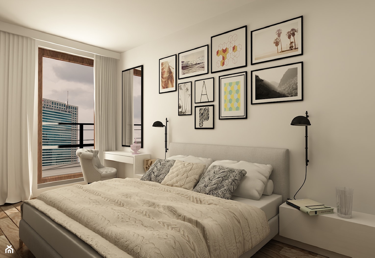 SKANDYNAWIA NA ŻOLIBORZU - Średnia beżowa sypialnia z balkonem / tarasem, styl skandynawski - zdjęcie od design me too - Homebook