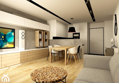 WORONICZA QBIK - Średni biały szary salon z kuchnią z jadalnią, styl minimalistyczny - zdjęcie od design me too