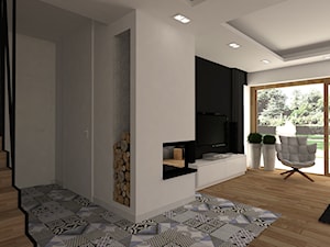 NOWOCZESNY SALON - Średni biały czarny salon z tarasem / balkonem, styl minimalistyczny - zdjęcie od design me too