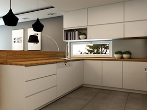 Mieszkanie Rembertów 80 m2 - Mała otwarta z salonem szara z zabudowaną lodówką kuchnia w kształcie litery u, styl minimalistyczny - zdjęcie od design me too
