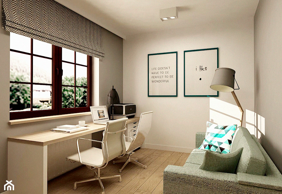 MINIMALISTYCZNY DOM - Średnie z sofą beżowe szare biuro, styl minimalistyczny - zdjęcie od design me too