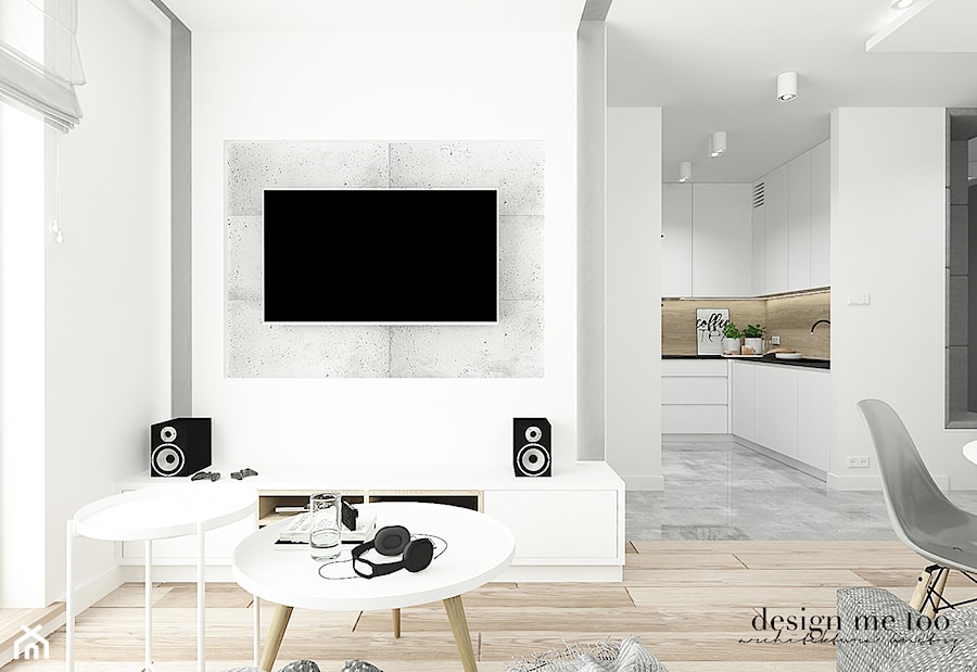 SKANDYNAWSKI WALENDÓW - Mały biały szary salon z kuchnią z jadalnią, styl nowoczesny - zdjęcie od design me too