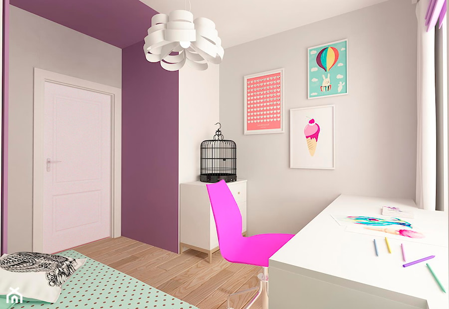 MIESZKANIE NA URSYNOWIE 85 M2 - Średni biały fioletowy pokój dziecka dla dziecka dla dziewczynki, styl nowoczesny - zdjęcie od design me too