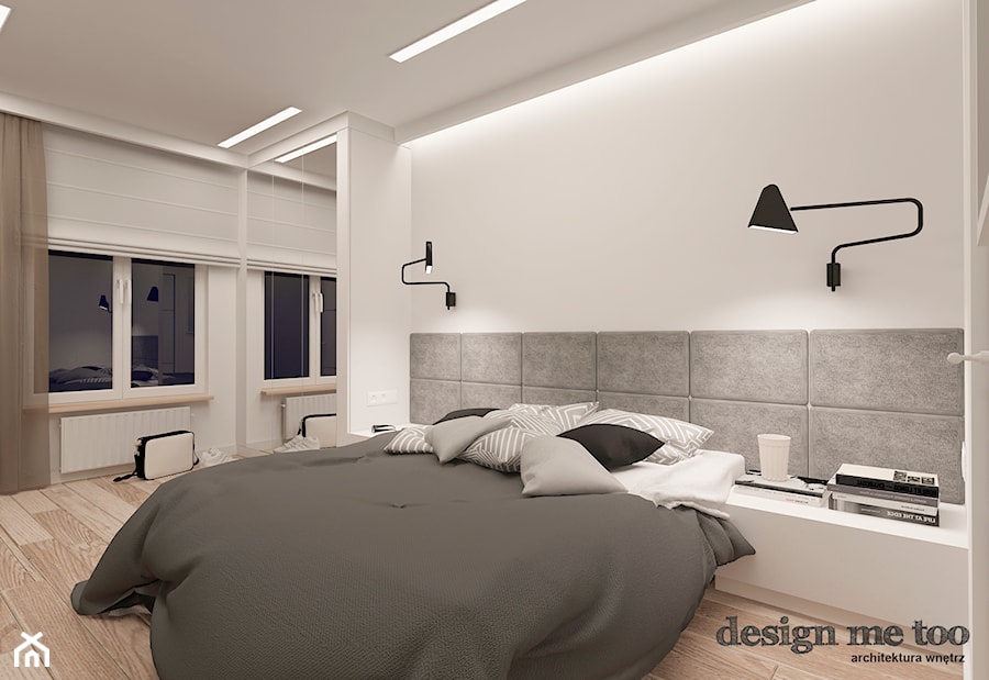 DOM W JÓZEFOSŁAWIU - Średnia biała z panelami tapicerowanymi sypialnia, styl minimalistyczny - zdjęcie od design me too