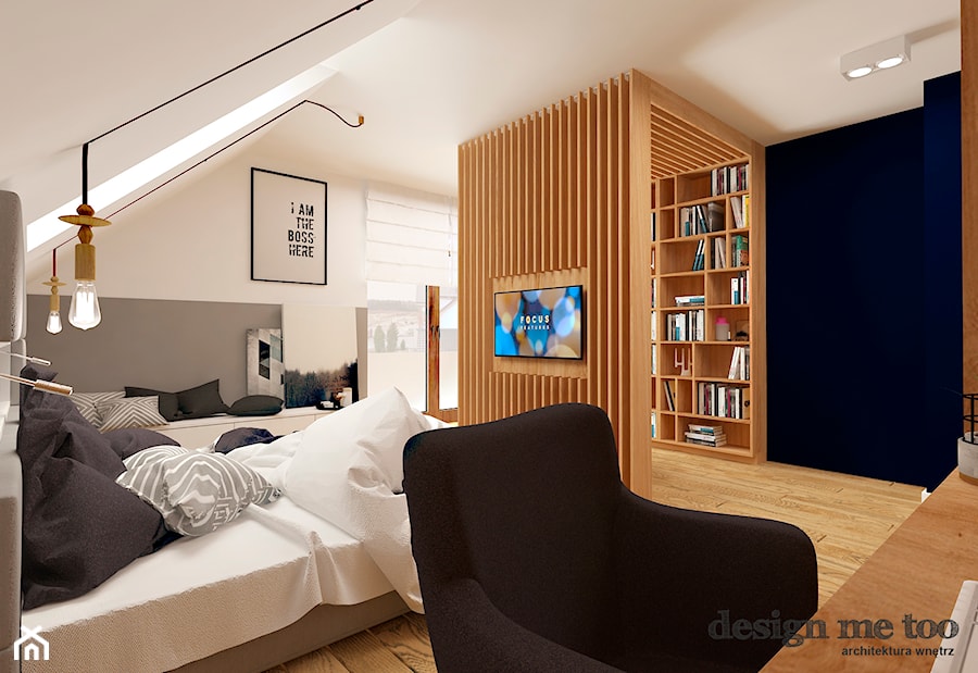 DOM W LESZNOWOLI - Duża biała niebieska szara z biurkiem sypialnia, styl nowoczesny - zdjęcie od design me too