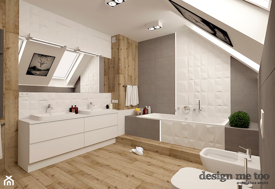 DOM W LESZNOWOLI - Duża na poddaszu z dwoma umywalkami z punktowym oświetleniem łazienka, styl nowoczesny - zdjęcie od design me too