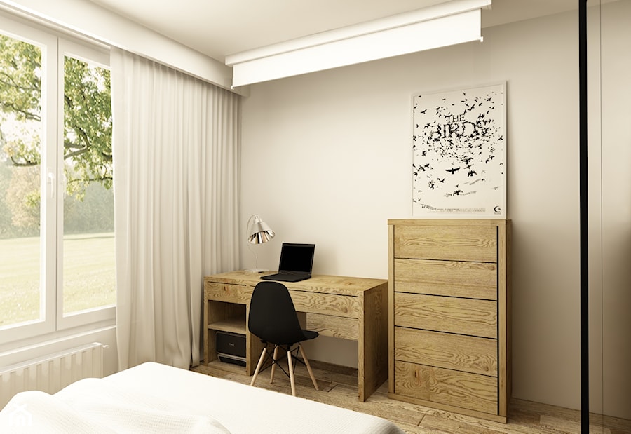 SOFT INDUSTRIAL NA BEMOWIE - Średnia beżowa z biurkiem sypialnia, styl industrialny - zdjęcie od design me too