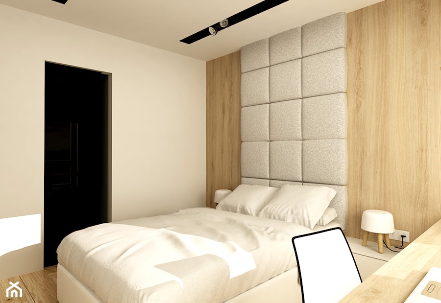 WORONICZA QBIK - Średnia beżowa z biurkiem z panelami tapicerowanymi sypialnia, styl minimalistyczny - zdjęcie od design me too