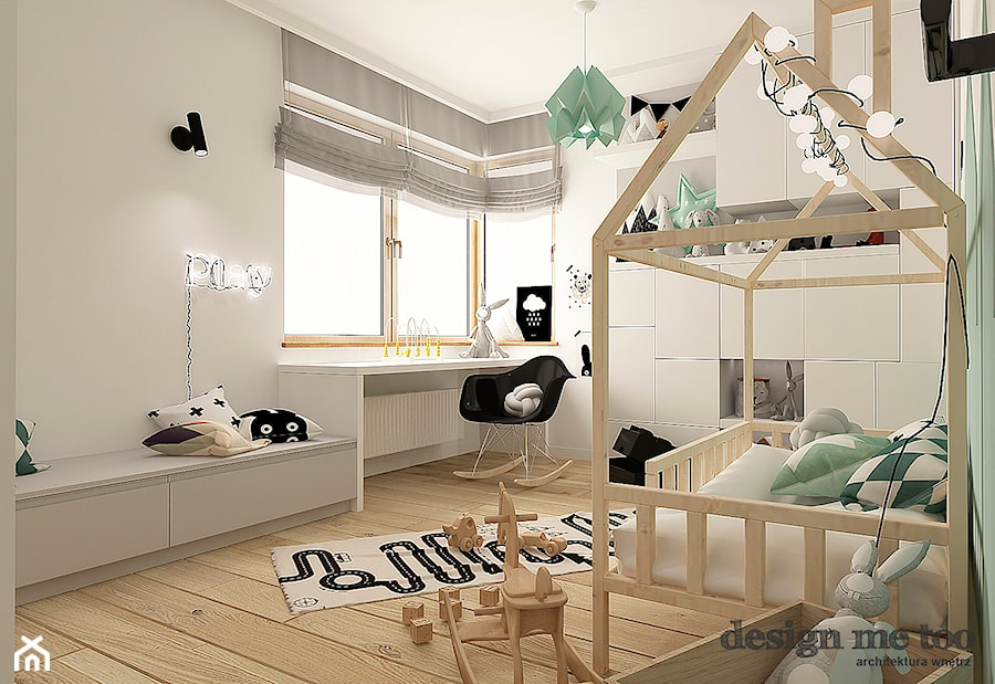 SKANDYNAWSKI DOM W WAWRZE - Średni beżowy biały miętowy pokój dziecka dla dziecka dla dziewczynki, styl skandynawski - zdjęcie od design me too