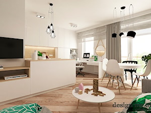 KAWALERKA NA BEMOWIE - Średni biały salon z kuchnią z jadalnią z tarasem / balkonem, styl nowoczesny - zdjęcie od design me too