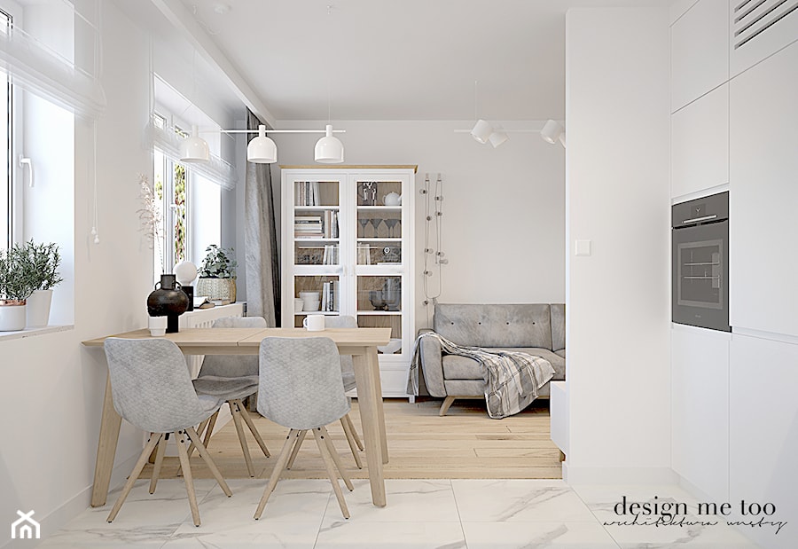 WARSZAWA BEMOWO 47 M2 - Mała biała jadalnia w salonie w kuchni, styl skandynawski - zdjęcie od design me too