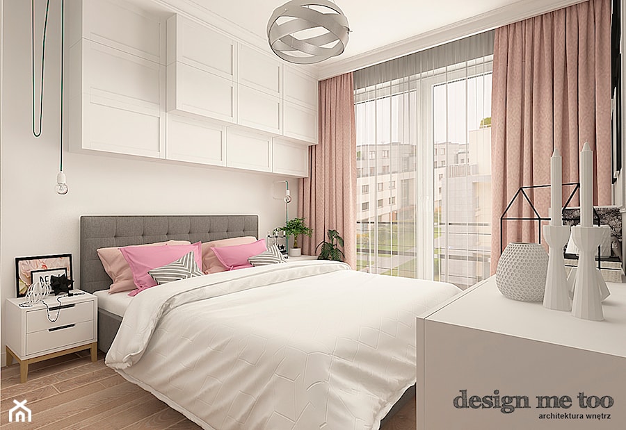 SZCZYPTA FRANCJI NA BIAŁÓŁĘCE - Średnia biała sypialnia z balkonem / tarasem, styl skandynawski - zdjęcie od design me too
