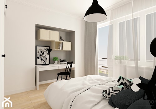 SKANDYNAWSKI KLIMAT NA POWIŚLU - Średnia biała z biurkiem sypialnia z balkonem / tarasem, styl skandynawski - zdjęcie od design me too