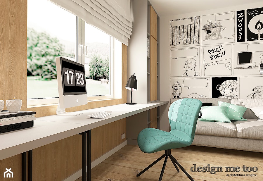 SKANDYNAWSKI DOM W WAWRZE - Średnie w osobnym pomieszczeniu z sofą białe biuro, styl skandynawski - zdjęcie od design me too