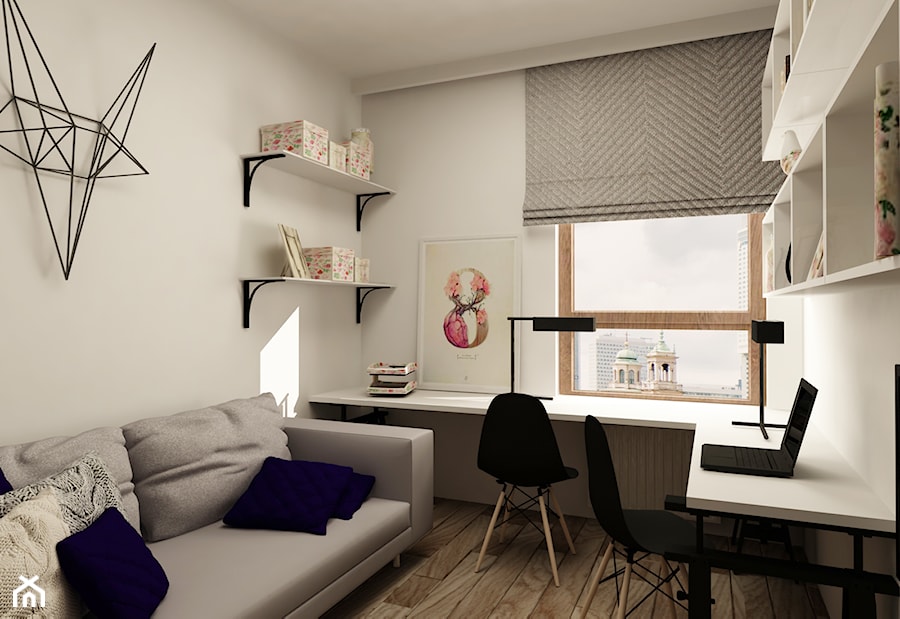 SKANDYNAWIA NA ŻOLIBORZU - Duże z sofą z zabudowanym biurkiem białe szare biuro, styl skandynawski - zdjęcie od design me too