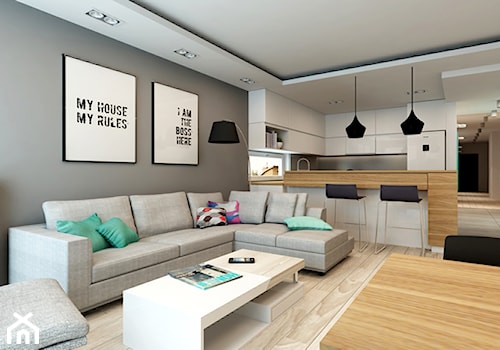 Mieszkanie Rembertów 80 m2 - Średni biały szary salon z kuchnią, styl nowoczesny - zdjęcie od design me too