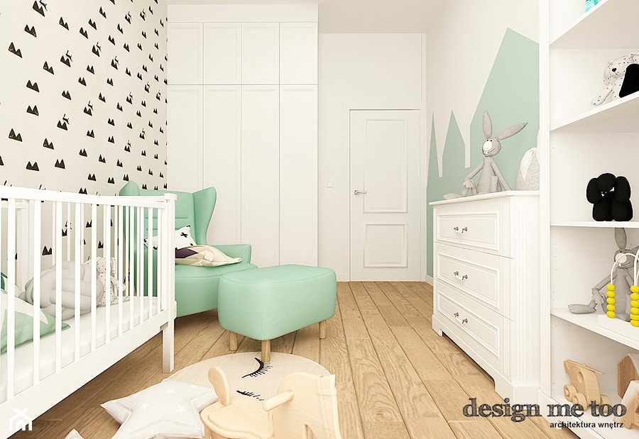 POKOJE DZIECIĘCE W STYLU SKANDYNAWSKIM - Średni biały zielony pokój dziecka dla niemowlaka dla chłopca dla dziewczynki, styl skandynawski - zdjęcie od design me too