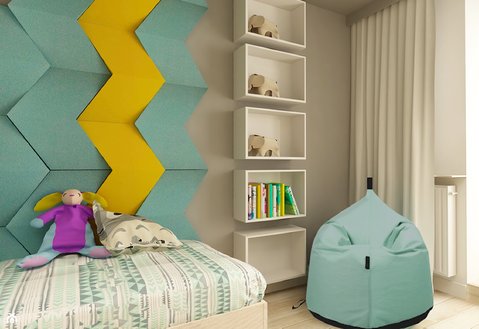 APARTAMENT NA GOCŁAWIU 120 m2 - Średni beżowy miętowy turkusowy żółty z panelami tapicerowanymi pokó ... - zdjęcie od design me too - Homebook
