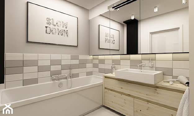 łazienka w odcieniach szarości, drewniane meble łazienkowe, kwadratowa umywalka nablatowa